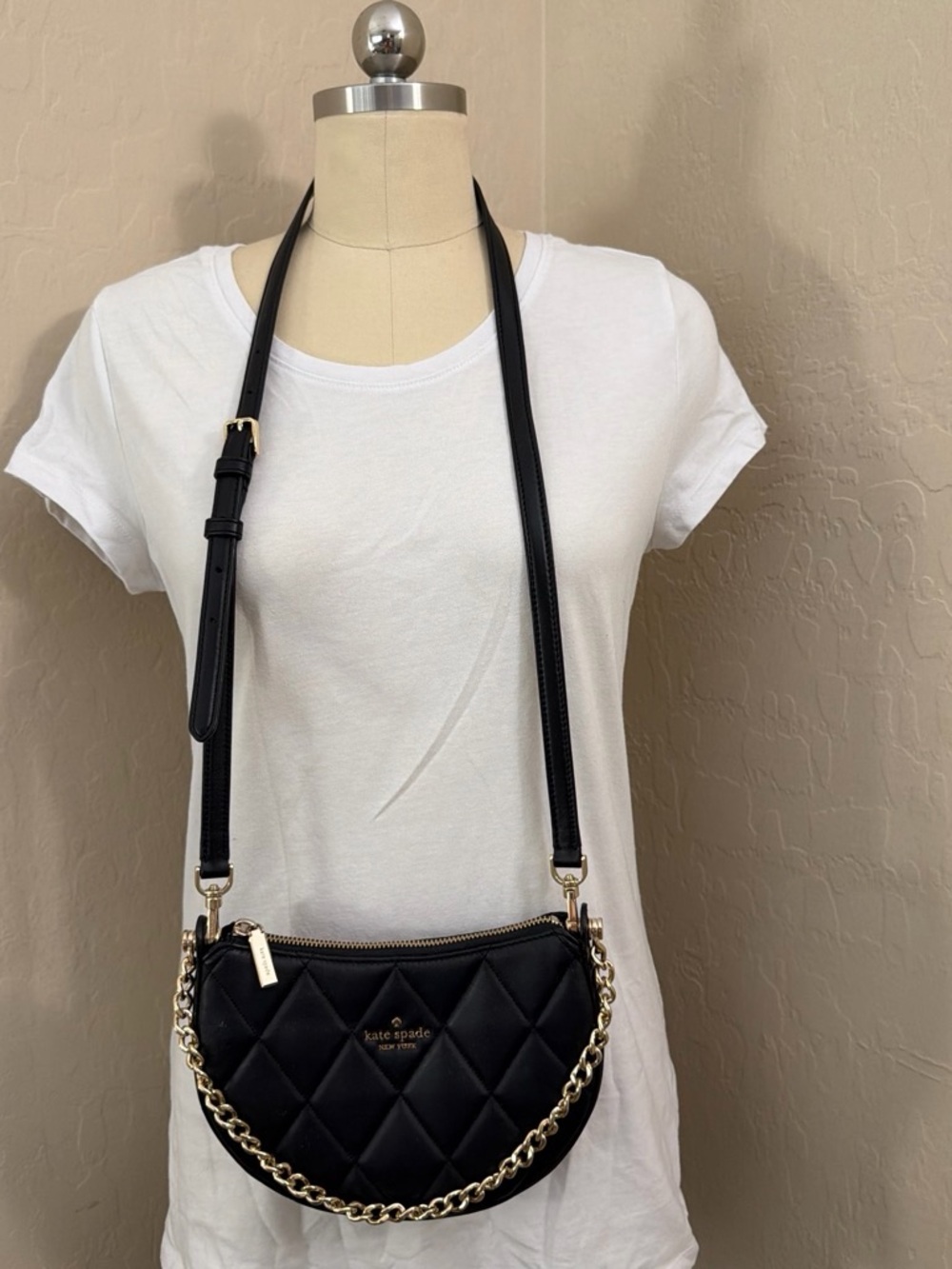 kate spade Black Quilted Half-Moon Crossbody with Gold Chain
